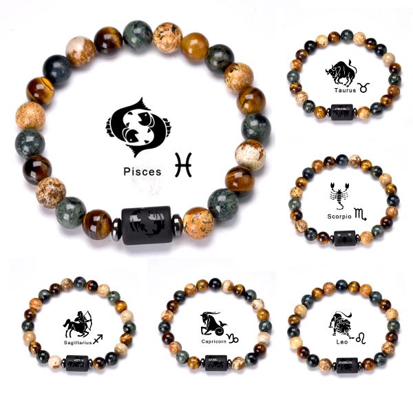 Brins 8 mm Stone Gemstone noir Obsidian Elastic Healing Tiger Eye Stone 12 Constellation Signs Bracelets for Men Women Women Birthstone Gifts