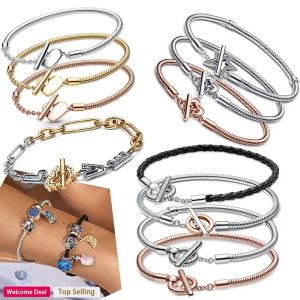 STRANDS 925 Zilver populaire dameshandtekening serie hartvormige TSHaped Buckle Logo Lucky Bracelet voor originele charme sieraden voor dames