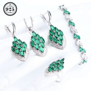 Strands 925 Juegos de joyería de plata esterlina Collor de joyas de novia verde Pulseras de boda para mujeres Collar colgante de anillo