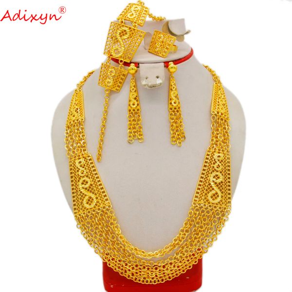 Brins Adixyn Indian Dubai Gold Color Jewelry Ensemble pour femmes 60 cm Collier Bracelet Ringue de boucle d'oreille Set Bridal Wedding Gifts N09076