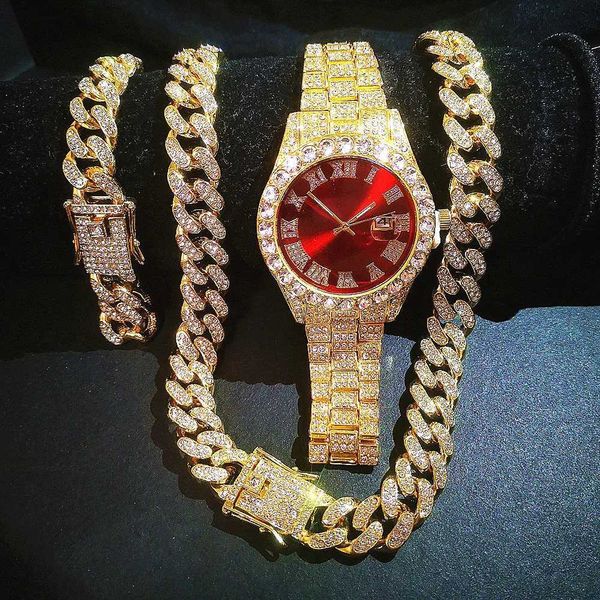 Brins All Ice Outdoor Watch Mens Cuban Link Chain Chain Bracelet Collier Bijoux Big Gold Chain Hip Hop Hop Mens Watch Set 240424