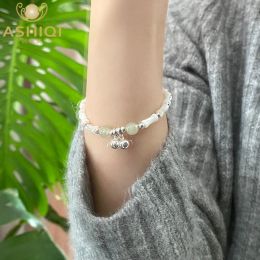 Brins Ashiqi Natural Hetian Jade Bamboo Chain 925 Sterling Silver Bell Bracelet For Women Girl Gift Fashion Jewelry Wedding