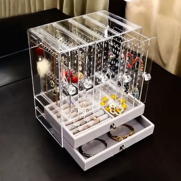 Strands Big Size Jewelry Box Organizer Transparent Blask Cajas de plástico para mujeres Pendientes de pulsera de collar Accesorios de soporte