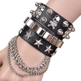 Brins de bracelet en cuir noir goth gothique métal rivet punk squelette étoile bracelets pour femmes hommes brassards cosplay