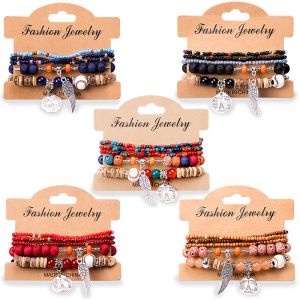 Brins Boho Bracelet de perles de riz coloré ensemble pour les femmes Eiffel Tower Wing Charm chaîne de pierre bracelet