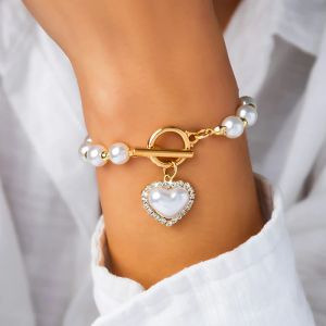 Strands Boho Fashion Bracelets for Women New Vintage Crystal Pearl Heart Pendse Gold Color Gift para femenino B040