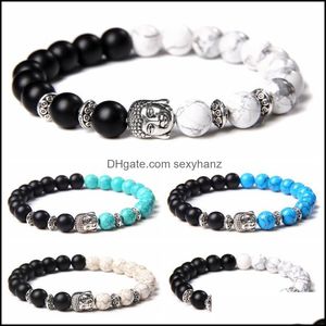 STRANDS ABRACELETS SIERAMEN Klassiek Sier Color Buddha Bead Chakra Bracelet Natural Stone Witblauw Turquoises Beads Stretch Prayer for Women