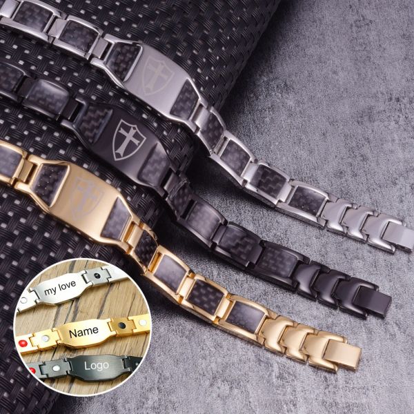 Les brins peuvent graver des bracelets d'identification pour les hommes bracelet magnétique croix hommes en acier inoxydable en fibre de carbone noir bracelet énergétique magnétique mâle