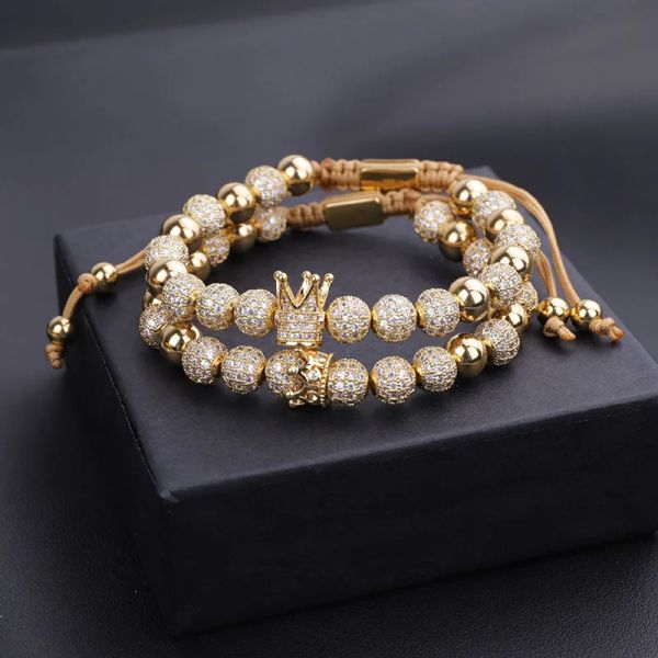 Brins classiques Iced Out Luxury Jewelry Micro CZ Pave Kingqueen Charms Royal Beads Macrame Cord Bracelet Hiphop