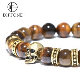 Brins Diffone Mens Bracelet en pierre naturelle Gothic Skull Braslet Tiger Eye Brazalete Perles Accessoires pour Hombre Viking Braclet Pulsera