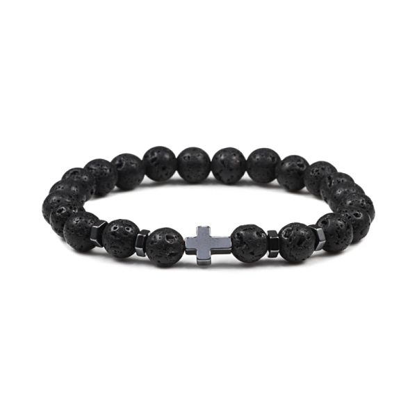 Hilos Dropshipping Hombres calientes de piedra de lava natural Braceletas Hematita Cruz Rosario Meditación Oración de Jesús Mujeres Joyas de yoga