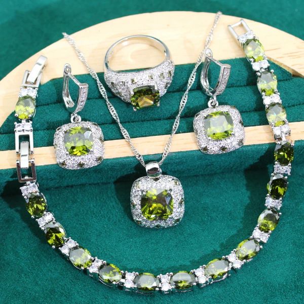 Brins Dubai 4Color Wedding Silver 925 Jewelry Set Femmes Olive Green Zircon Moucles d'oreilles Pendante Bracelet Collier Gift Birthday