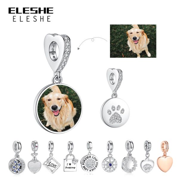 Strands EleSesheS Custom Photo Bead 925 Sterling Silver Pet Cat Dog Redonde Red Langle Fit Pulsera original DIY Joyería personalizada