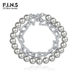 STARDS F.I.N.S S925 Sterling Silver Gray Pearl -armband Dubbele gelaagde ushaped Tangcao -patronen Ketting Fashion Fine Hand Sieraden Geschenken