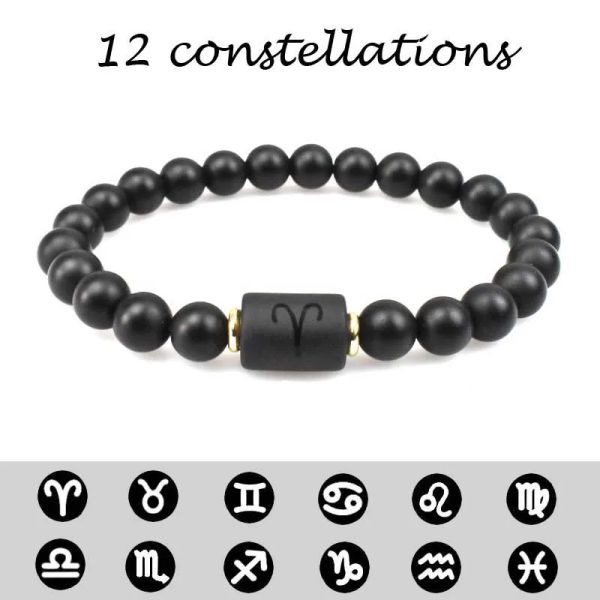 Brins Fashion Black Onyx Stone Zodiac Bracelet Lucky Blessing Bouded Constellation Horoscope Bracelet pour hommes Femmes Friends Amitié Cadeaux