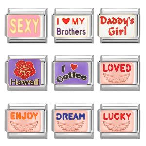 Stands Fashion Dream Lucky Love Words Italian Charms Links Square Beads Fit 9 mm Bracelet italien en acier inoxydable DIY Making Gifts