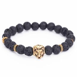 Brins Fashion Men Lion Head Bouddha Bel Bracelet Black Lava Stone Beads Charm Bracelets Bangles pour hommes Accessoires Cadeau