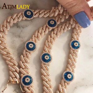 STRANDS FASOUW NIEUW ARBREID 9MM Breedte Iced Out Bling Cubaanse kubieke Zirconia CZ Link Chain Lucky Turkish Evil Eye Charm Women Bracelet