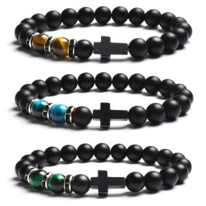 Brins de la mode de la mode croix hommes femmes 8 mm en pierre naturelle Tiger œil noir mat agates bracelet bracelet bracelet bracelet bijoux