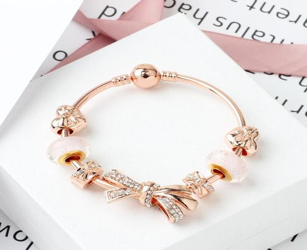 Brins Fashion Rose Gold Shining Bow Bracelet 1820cm Love Charm Glass Bead Bijoux entier4773311