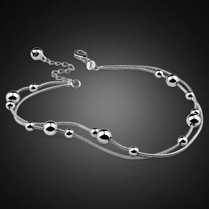 Brins mode simple 100% 925 argent sterling femmes bracelets bracelets en argent solide doubles chaînes de perles plage sandales aux pieds nus bijoux