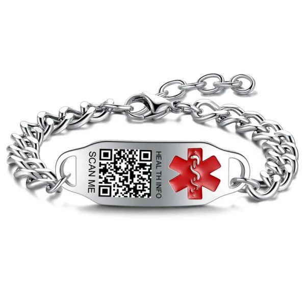 Strands Fashionable de acero inoxidable Código QR Medical Id Id Ids con grabado gratuito de alarma de rescate de emergencia Joya de joyería