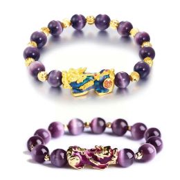 Brins Feng Shui Obsidian Stone Beads Bracelet for Men Women Amethystes Moonstone Perged Gold Color Wester Brac Lucky Q6E3