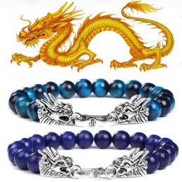 Brins Fengshii Dragon Charm Bracelets For Women Men Men Natural Stone Bracelet 8 mm Perles Lapis Lazuli Tiger Eye Lava Bangles