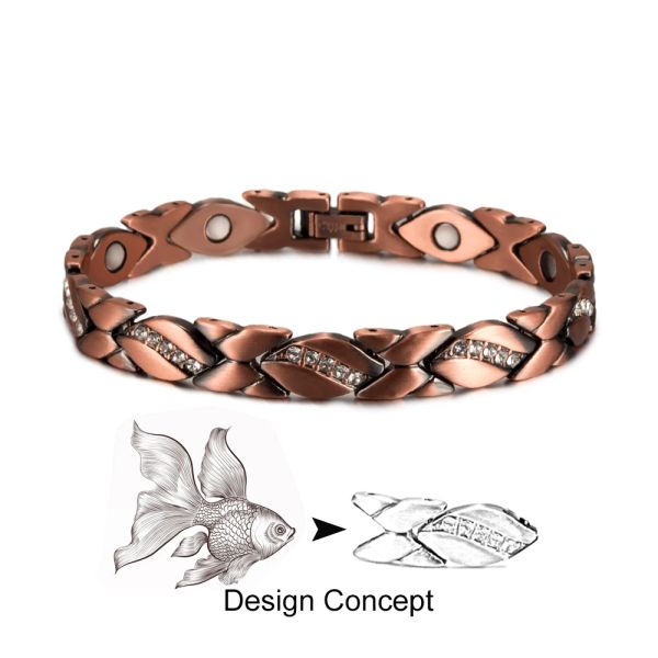 Brins de poisson-or schéma pur bracelet magnétique en cuivre pour les hommes femmes en zircone cubique énergie de santé avantage