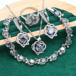 Brins en forme de coeur 925 ensembles de bijoux en argent pour femmes Boucles de bracelet de topaze multicolores