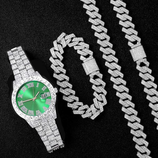 Strands Hip 16mm Prong Collier + montre baguette + bracelet Hop chaîne cubaine glacé pavé strass Cz Bling pour hommes bijoux 230613