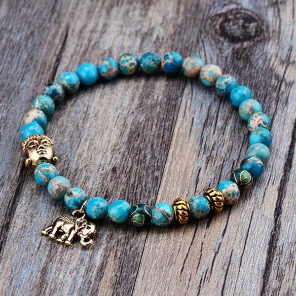 Brins Vente chaude 6 mm Stone Natural Bouddha Elephant Tibetan Perles élastiques Bracelet à la main Best Friends Bijoux de bracelet