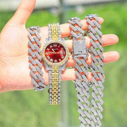 Brins glacés Bling hommes femmes montre Bracelet collier ensemble complet strass calendrier montres à Quartz Relogio Feminino mode horloge cadeau 230613
