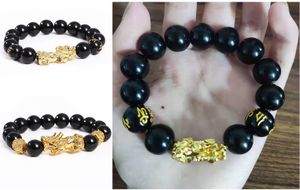 Strengen Imitatie Obsidian China Lucky Dappere Armbanden Zwarte Steen Boeddha Pearl Gold Pixiu Armband voor Mannen Vrouwen