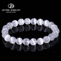 Brins jd bracelet de perle de pierre de sélénite blanc naturel hommes hommes 100% gypse rond pierre 6 8 10 mm Bracles de jonction minéral cadeau de yoga