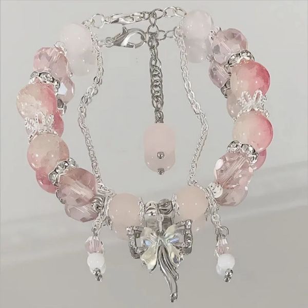 Brins coréens Nouveaux fleurs de cristal rose élégant bracelet perlé de papillon