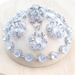 Brins de bijoux pour dames 925 Sterling Silver White Zircon Rings Pendants Boucles d'oreilles Collier Bracelets Set Bijoux For Women Wedding