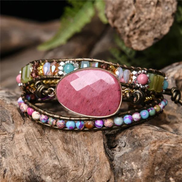 Brins Bracelet enveloppe en cuir exclusif 3 brins Stone Natural Multi Color Bohemian Perles de bracelet de bracelet de bracelet Crystal Gift