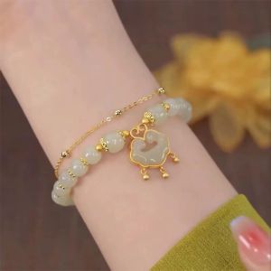 Brins Lucky Jade antique cloches pendentif bracelet perlé de style chinois nuages de bon augure bracelet double couche