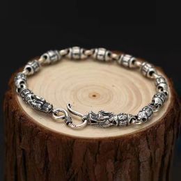 Brins Lucky Sixcharacter Mantra Beded Head Dragon Silver Bracelet for Men Retro Style Fashion Bijoux Accessoires Cadeaux