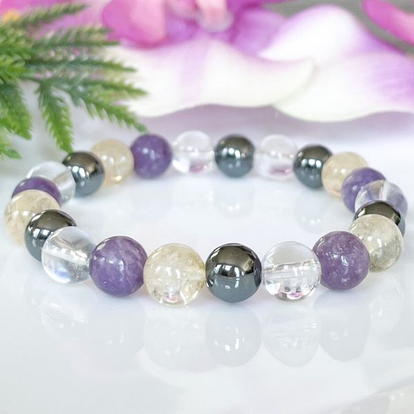 Strands MG1780 Vierge Zodiaque Gemme Citrine Hématite Lépidolite Bracelet Quartz Clair