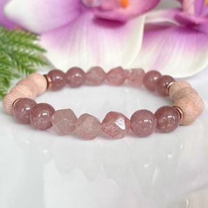 Strands MG1788 8 MM Naturel Brésil Fraise Quartz Perlé Bracelet Palissandre