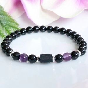 STRANDS MG1931 6MM RAW ZWART BLACK TOUMALINE AMETHYST Gemstone kralen Bracelet Negatieve energiebescherming sieraden