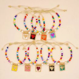 Brins Miyuki Love Heart Charm Bracelets Rainbow Breded Friendship Bracelet For Women Teen Girl Boho Summer Bijoux Gift Mandmade