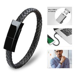 Brins de charge mobile Bracelet en cuir câble pour les hommes chaîne de main du câble de données Envoi cadeau à mari wrist de poignet de câble de charge USB