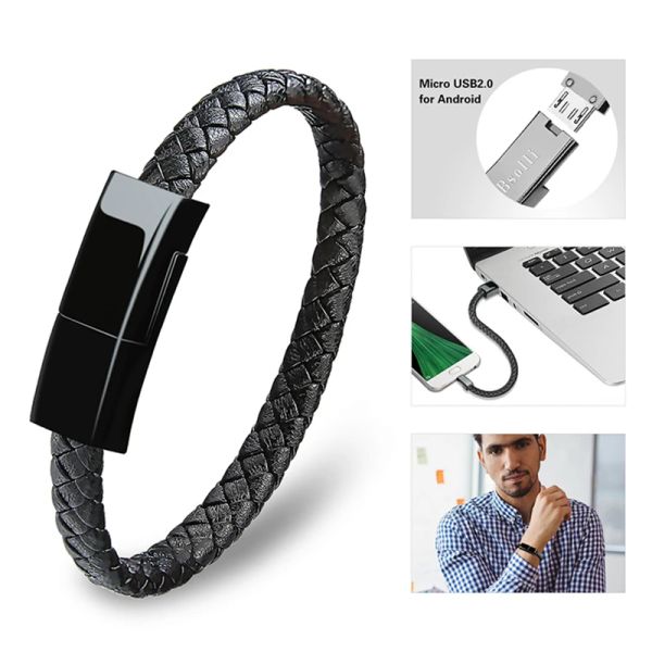 Strands Mobile Telephing Cable Pulsera de cuero de cable para hombres Cable de datos Cadena manual Enviar regalo al marido USB Carga de la muñeca de la muñeca de la muñeca