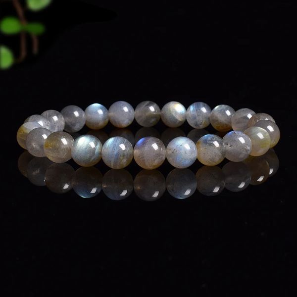 Brins bracelets de labradorite gris naturel flash flash lisse spectrolite lune de lune rond des perles élastiques bracelet véritable bijoux en pierre naturelle authentique