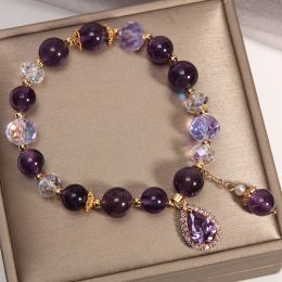 STRANDS NATUURLIJKE Purple Crystal Bead Bracelet voor vrouwen glinsterende hangende elegante sieraden hypoallergene metaal iriserende accessoires