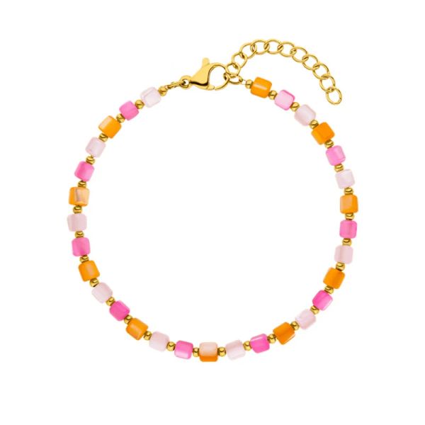 Brins Bracelet de bonheur de coque naturelle avec des perles de coque en verre orange rose et de petites perles en acier inoxydable comme cadeau de mode