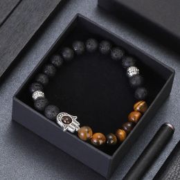 Brins Natural Tiger Eye Lava Beads Chakra Bracelets for Men Women Lucky Turkish Evil Eye Hand of Fatima bijoux Bangles Cadeaux